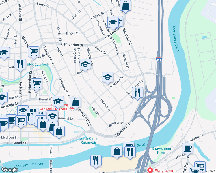 map of restaurants, bars, coffee shops, grocery stores, and more near 50 Pleasant Street in Lawrence