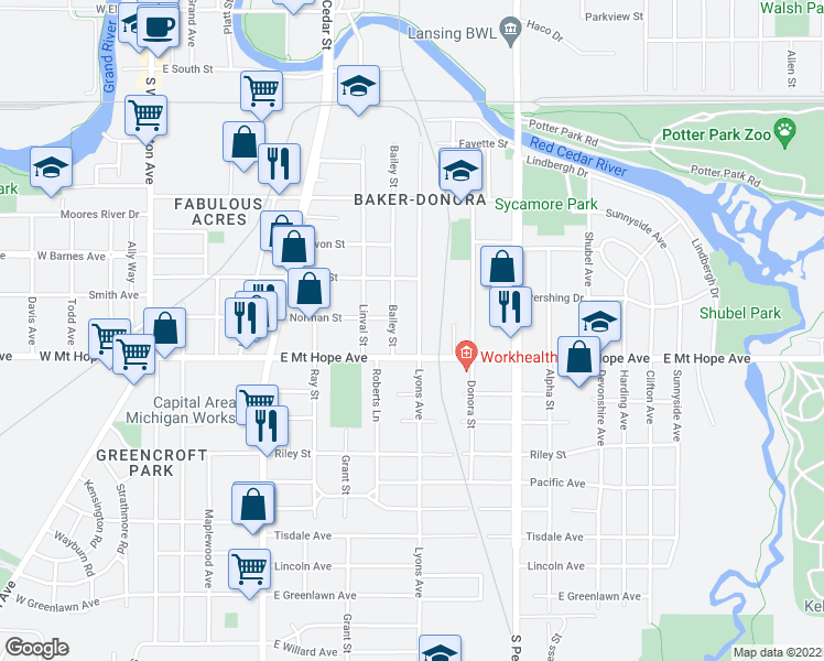 map of restaurants, bars, coffee shops, grocery stores, and more near 1810 Lyons Avenue in Lansing
