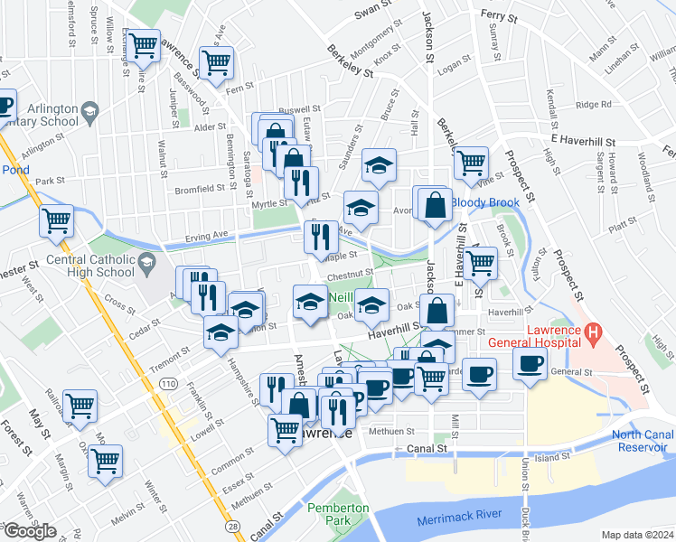 map of restaurants, bars, coffee shops, grocery stores, and more near 179 Chestnut Street in Lawrence