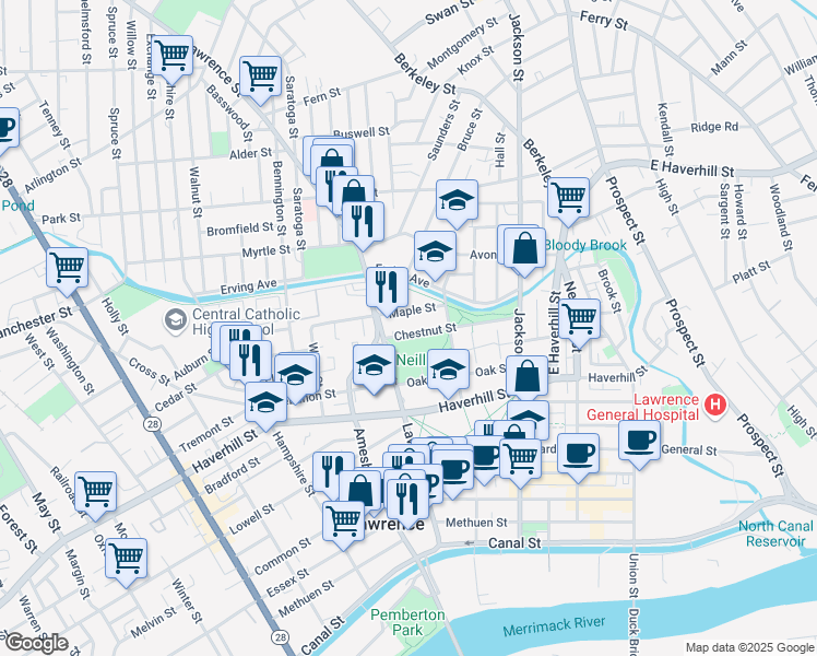 map of restaurants, bars, coffee shops, grocery stores, and more near 177 Chestnut Street in Lawrence