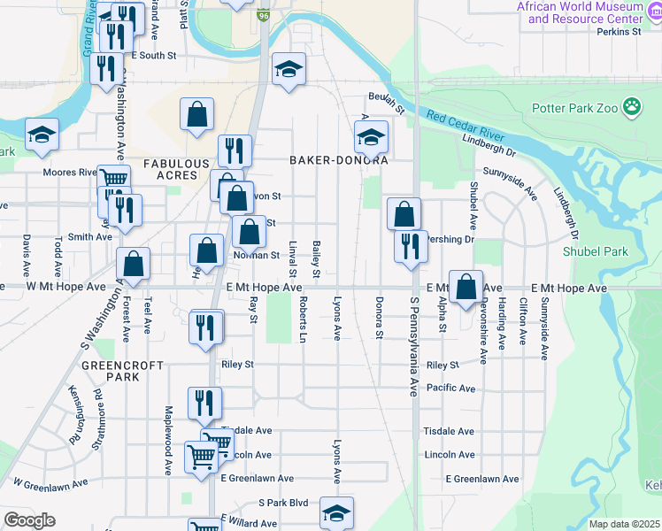 map of restaurants, bars, coffee shops, grocery stores, and more near 1831 Lyons Avenue in Lansing