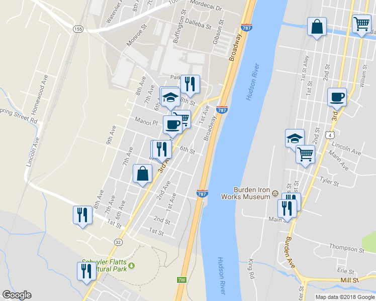 map of restaurants, bars, coffee shops, grocery stores, and more near 172 6th Street in Watervliet