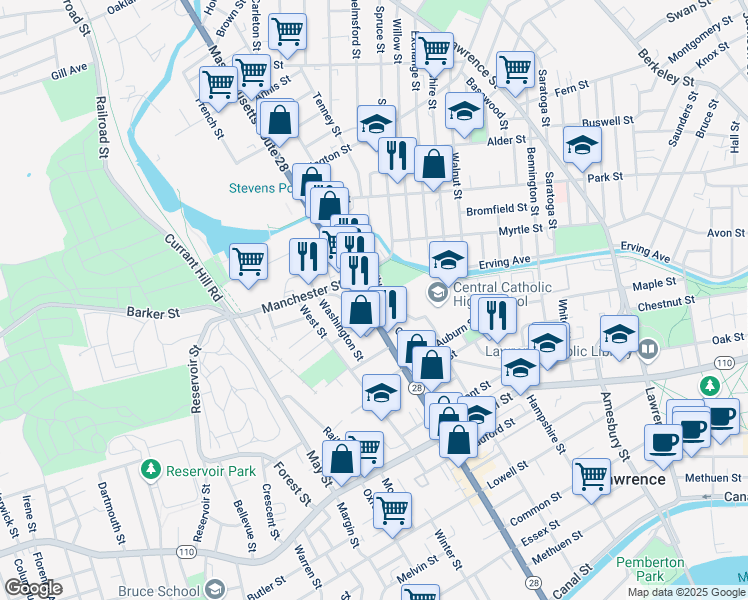 map of restaurants, bars, coffee shops, grocery stores, and more near 389 Broadway in Lawrence