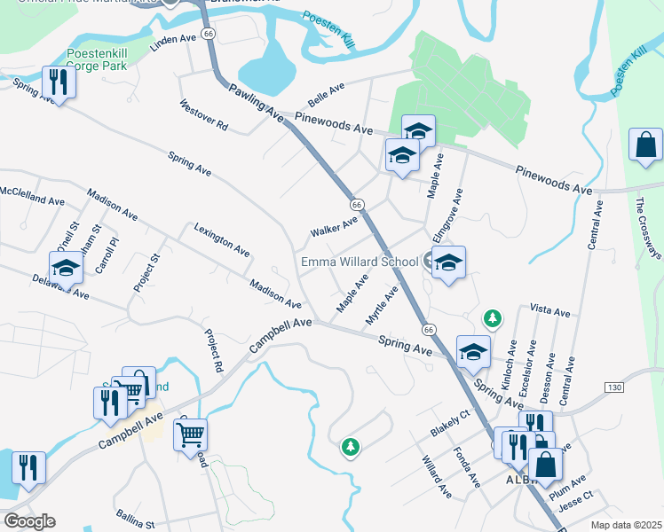 map of restaurants, bars, coffee shops, grocery stores, and more near 12 Alder Avenue in Troy