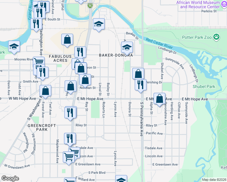 map of restaurants, bars, coffee shops, grocery stores, and more near 1831 Lyons Avenue in Lansing