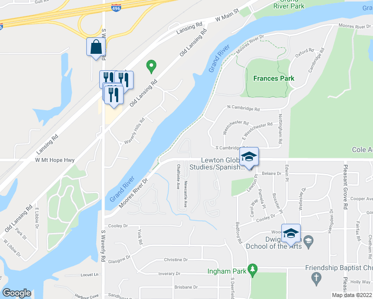 map of restaurants, bars, coffee shops, grocery stores, and more near 3333 Moores River Drive in Lansing