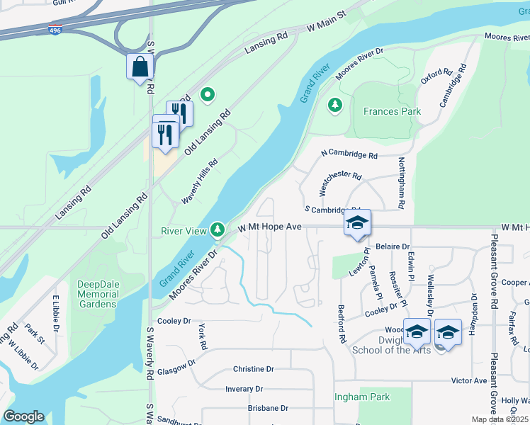 map of restaurants, bars, coffee shops, grocery stores, and more near 3333 Moores River Drive in Lansing
