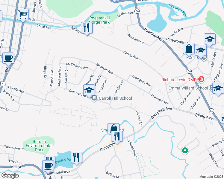 map of restaurants, bars, coffee shops, grocery stores, and more near 76 Project Street in Troy