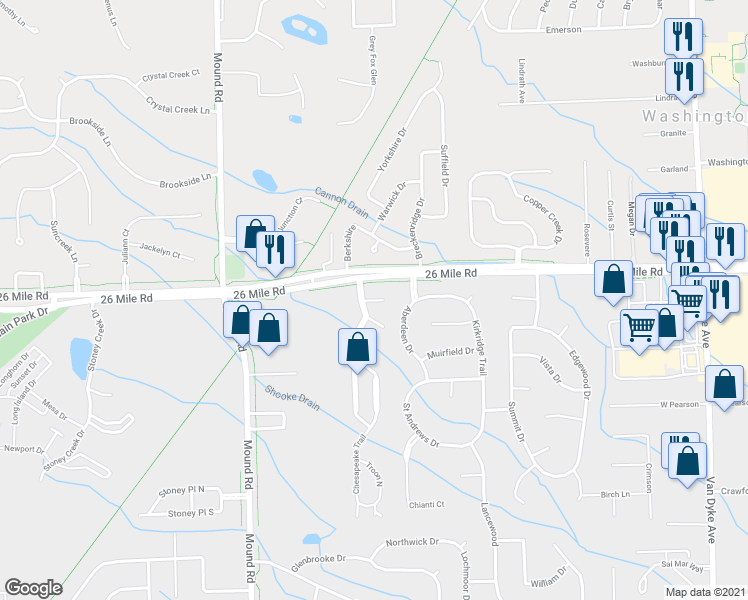 map of restaurants, bars, coffee shops, grocery stores, and more near 6505 Shetland Court in Utica