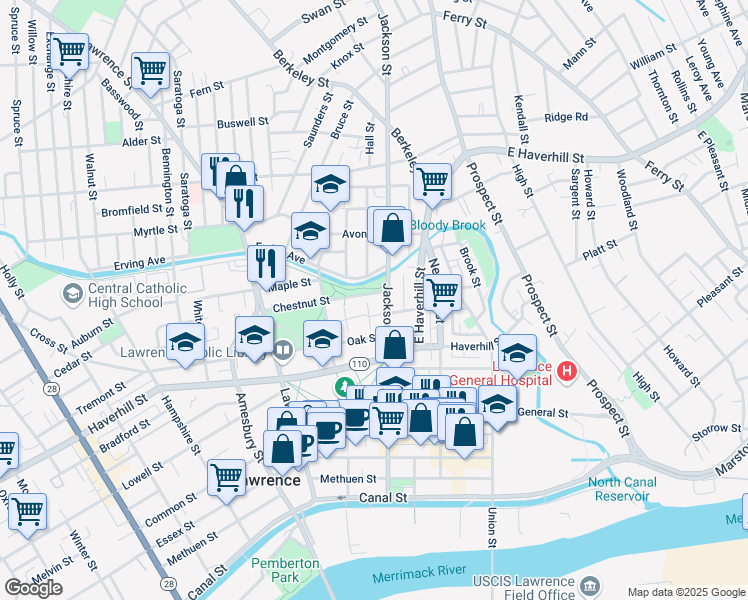 map of restaurants, bars, coffee shops, grocery stores, and more near 2 Chestnut Street in Lawrence