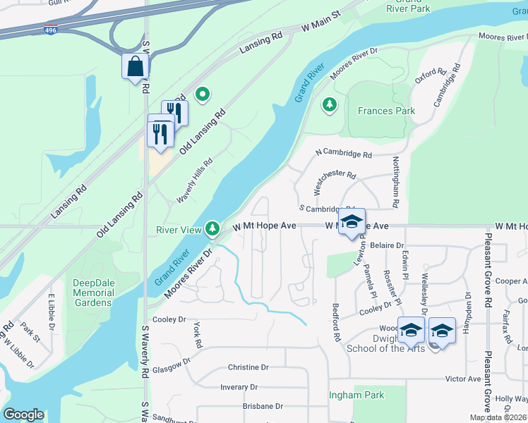 map of restaurants, bars, coffee shops, grocery stores, and more near 3333 Moores River Drive in Lansing