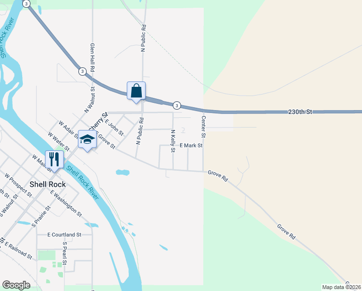 map of restaurants, bars, coffee shops, grocery stores, and more near East Mark Street in Shell Rock