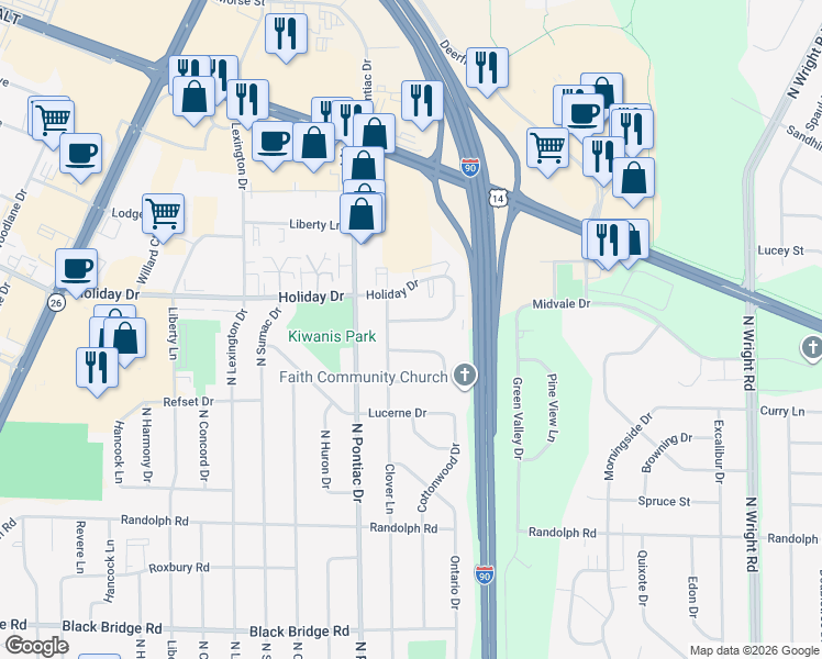 map of restaurants, bars, coffee shops, grocery stores, and more near 2811 Calgary Lane in Janesville