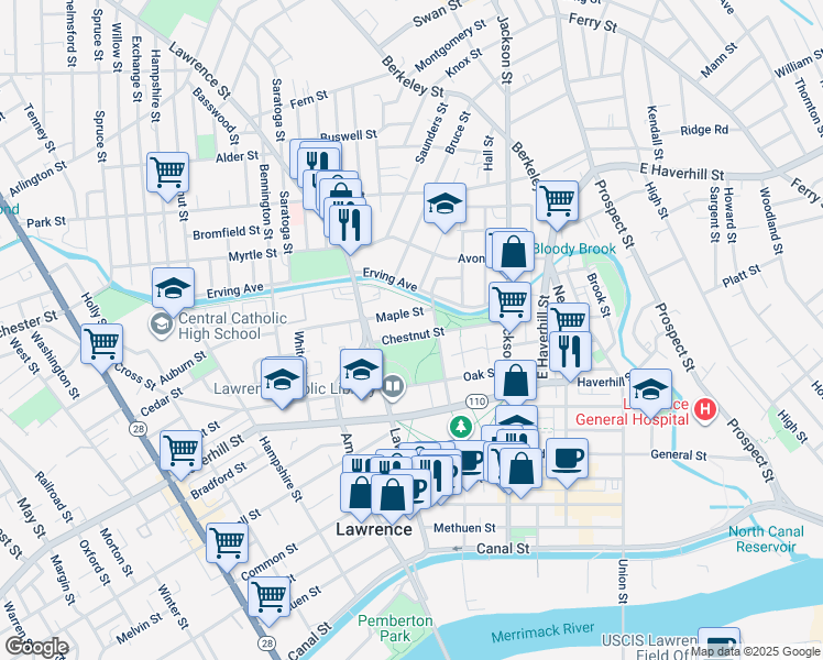map of restaurants, bars, coffee shops, grocery stores, and more near 115 Chestnut Street in Lawrence