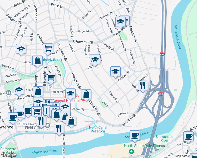 map of restaurants, bars, coffee shops, grocery stores, and more near 354 Howard Street in Lawrence