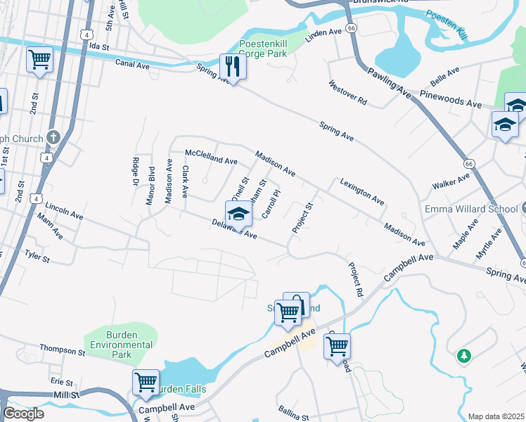 map of restaurants, bars, coffee shops, grocery stores, and more near 24 Carroll Place in Troy