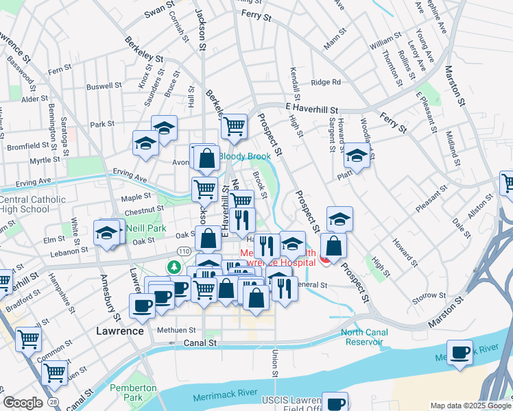 map of restaurants, bars, coffee shops, grocery stores, and more near 12 Brook Street in Lawrence