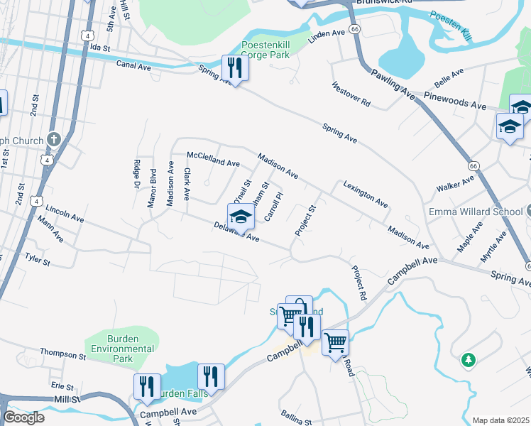 map of restaurants, bars, coffee shops, grocery stores, and more near 24 Carroll Place in Troy