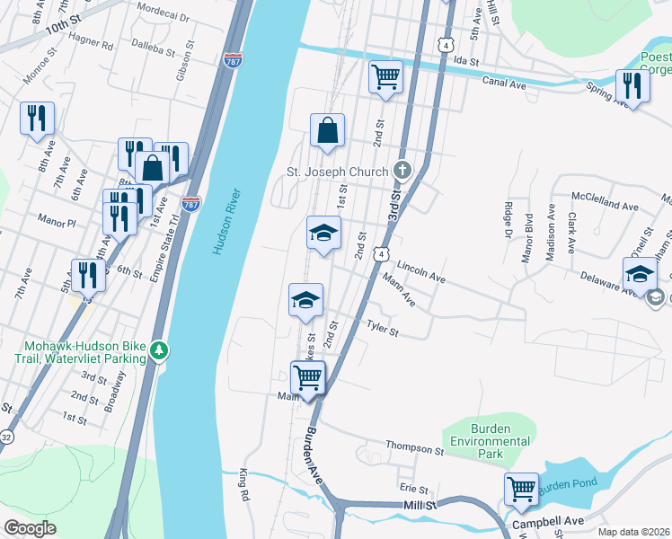 map of restaurants, bars, coffee shops, grocery stores, and more near 470 1st Street in Troy