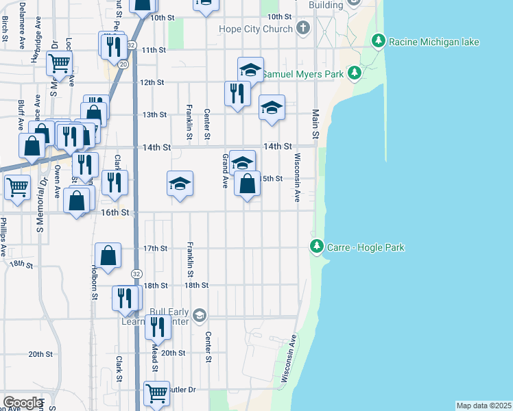 map of restaurants, bars, coffee shops, grocery stores, and more near in Racine