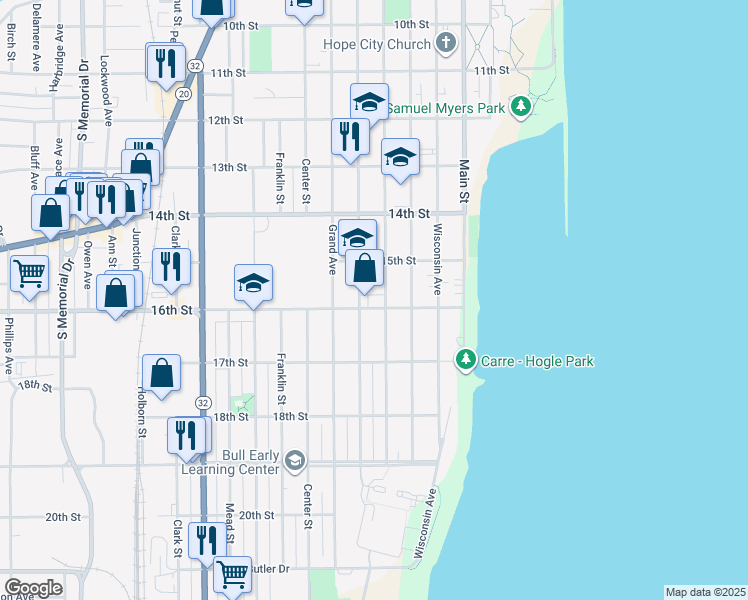 map of restaurants, bars, coffee shops, grocery stores, and more near in Racine