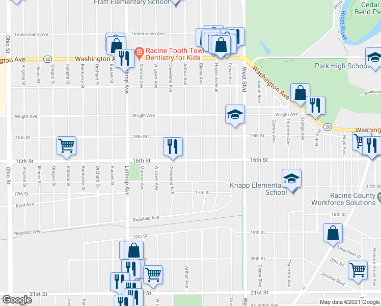 map of restaurants, bars, coffee shops, grocery stores, and more near 3410 16th Street in Racine