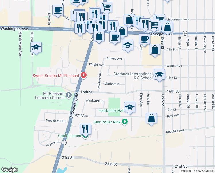 map of restaurants, bars, coffee shops, grocery stores, and more near 5400 16th Street in Racine