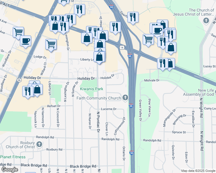 map of restaurants, bars, coffee shops, grocery stores, and more near 2811 Calgary Lane in Janesville