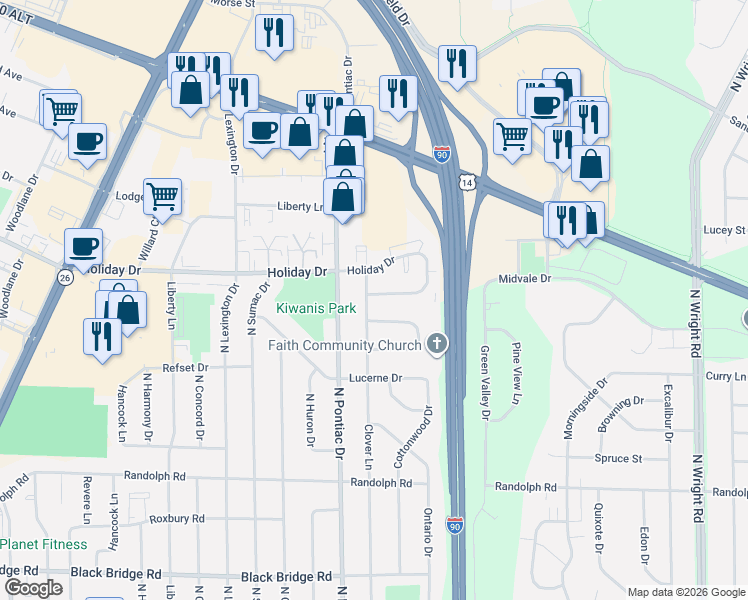 map of restaurants, bars, coffee shops, grocery stores, and more near 2811 Calgary Lane in Janesville