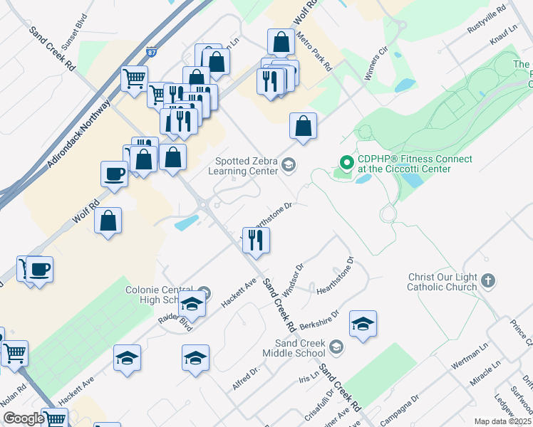 map of restaurants, bars, coffee shops, grocery stores, and more near 67 West Hearthstone Drive in Albany
