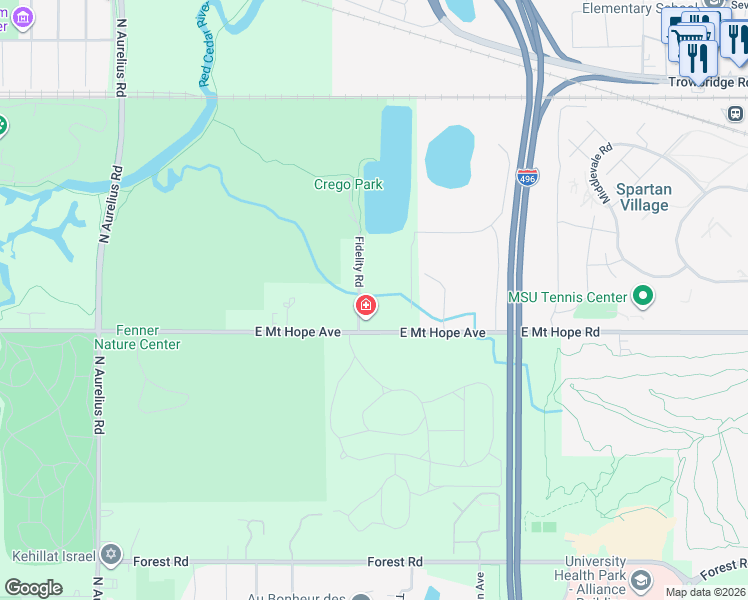 map of restaurants, bars, coffee shops, grocery stores, and more near 1819 Fidelity Road in Lansing