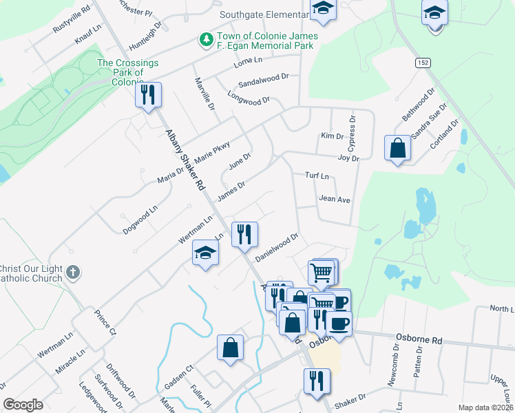 map of restaurants, bars, coffee shops, grocery stores, and more near 507 Albany Shaker Road in Albany