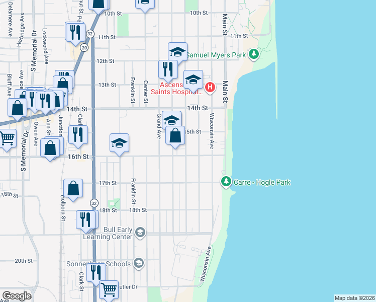 map of restaurants, bars, coffee shops, grocery stores, and more near in Racine