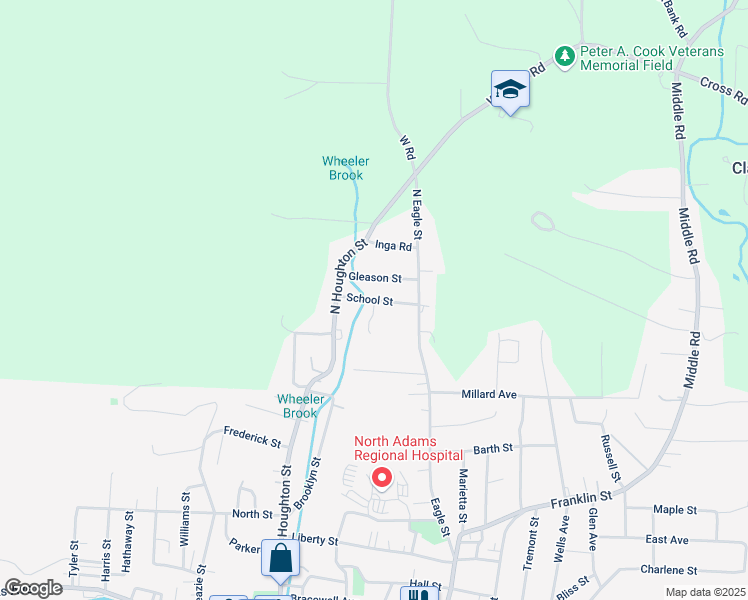 map of restaurants, bars, coffee shops, grocery stores, and more near School Street in North Adams