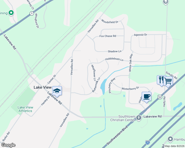 map of restaurants, bars, coffee shops, grocery stores, and more near 6396 Mayflower Lane in Lake View