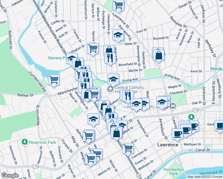 map of restaurants, bars, coffee shops, grocery stores, and more near 300 Hampshire Street in Lawrence