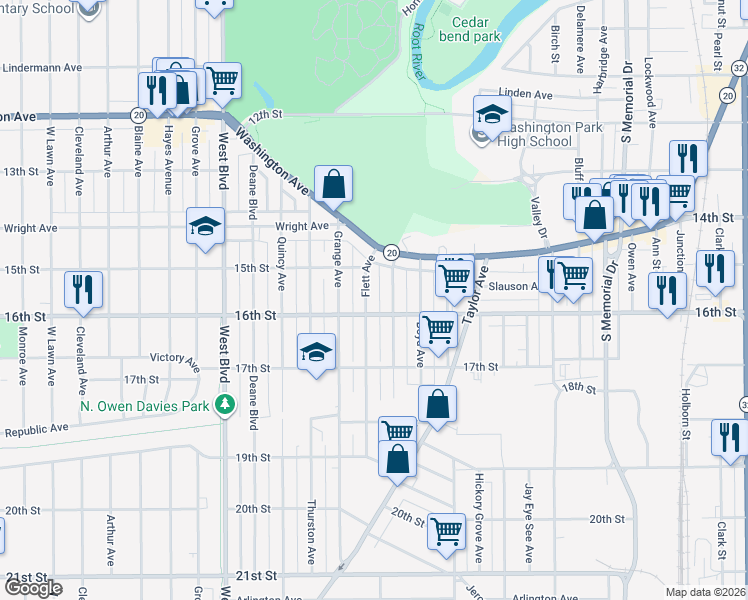map of restaurants, bars, coffee shops, grocery stores, and more near 1545 Flett Avenue in Racine