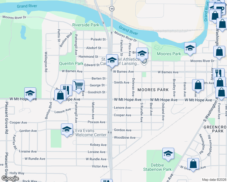map of restaurants, bars, coffee shops, grocery stores, and more near in Lansing