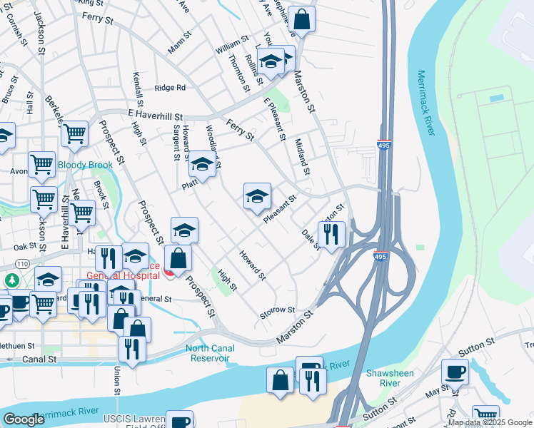 map of restaurants, bars, coffee shops, grocery stores, and more near 50 Pleasant Street in Lawrence