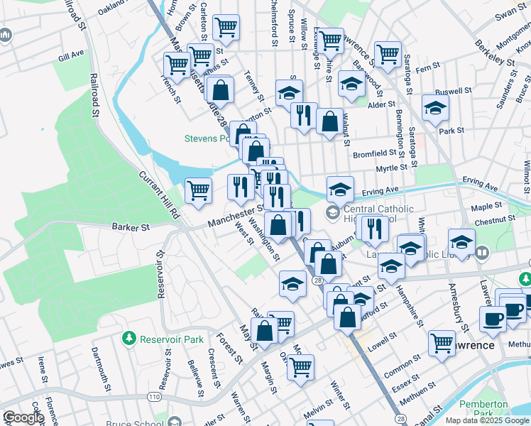 map of restaurants, bars, coffee shops, grocery stores, and more near 398 Broadway in Lawrence