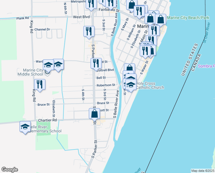 map of restaurants, bars, coffee shops, grocery stores, and more near 187 Brown Street in Marine City