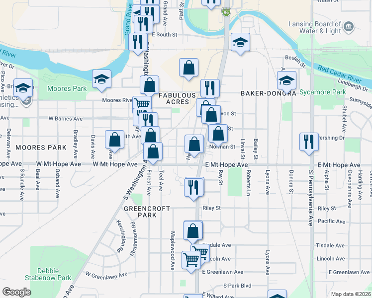 map of restaurants, bars, coffee shops, grocery stores, and more near 1814 Herbert Street in Lansing
