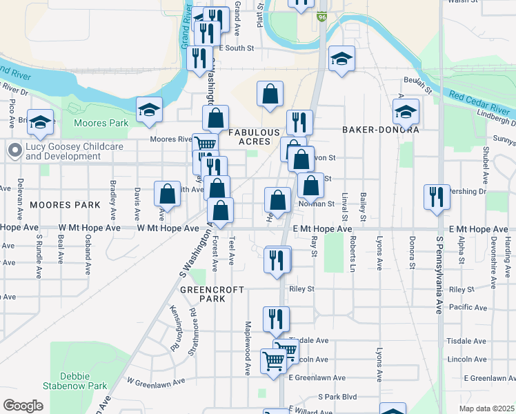 map of restaurants, bars, coffee shops, grocery stores, and more near 1814 Herbert Street in Lansing