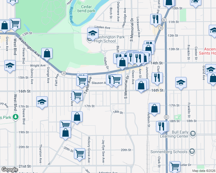map of restaurants, bars, coffee shops, grocery stores, and more near 1553 Phillips Avenue in Racine