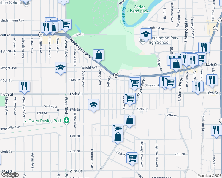 map of restaurants, bars, coffee shops, grocery stores, and more near 1545 Flett Avenue in Racine