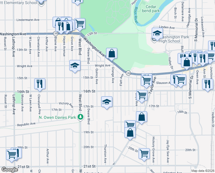 map of restaurants, bars, coffee shops, grocery stores, and more near 2722 16th Street in Racine