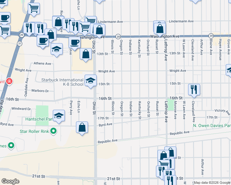 map of restaurants, bars, coffee shops, grocery stores, and more near 4400 16th Street in Racine