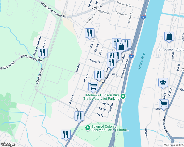 map of restaurants, bars, coffee shops, grocery stores, and more near 572 6th Avenue in Watervliet