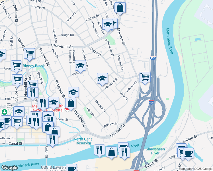 map of restaurants, bars, coffee shops, grocery stores, and more near 50 Pleasant Street in Lawrence