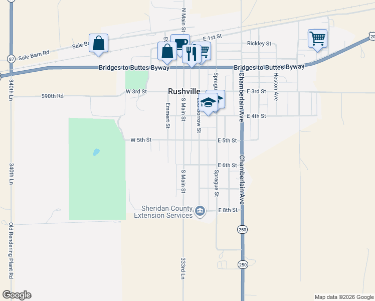map of restaurants, bars, coffee shops, grocery stores, and more near 508 South Main Street in Rushville